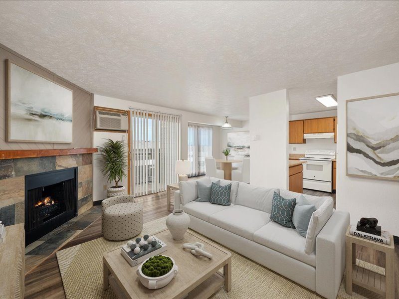 Staged entry and living room, unit style 2A